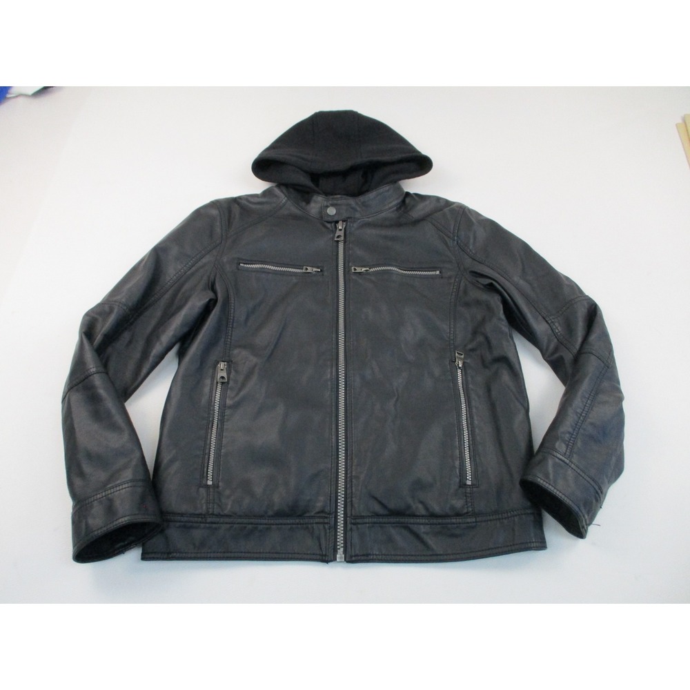 Guess Faux Leather Jacket Men Size M Black Hooded Moto Biker Quilted Zip Pocket